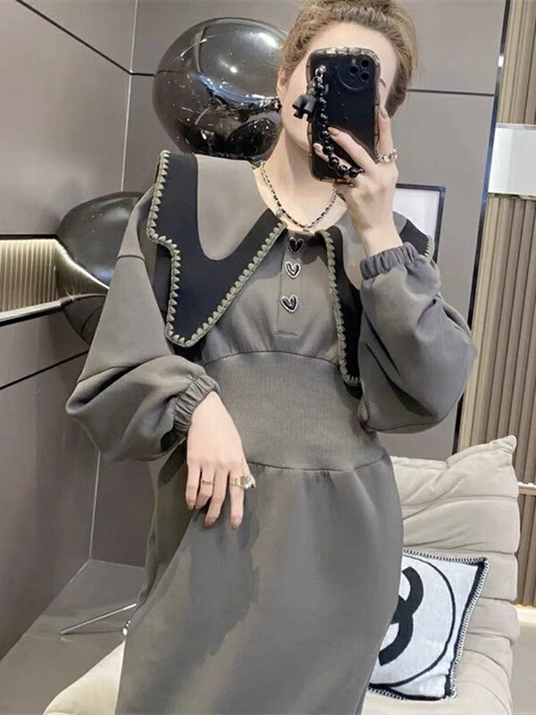 Autumn is new!【JUN.T】Korean color matching doll collar loose dress 6775# PCZ