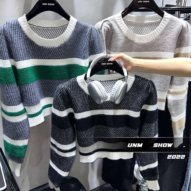 【UNM-SHOW】Round Neck Striped Versatile Warm Sweater 6759# WTT