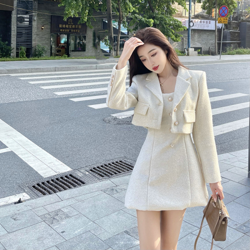 Real shot spot quilted thickened French small fragrance waist dress goddess fan suit skirt two-piece set
