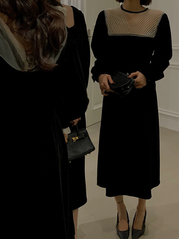 【NEW OPEN】French ladies waist pearl mesh velvet dress N95163# ZXX
