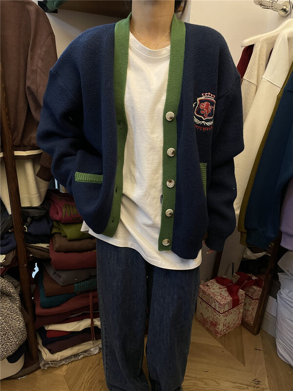 【RICH PAPA】V-neck colorblock single-breasted thermal sweater S088# ZXX