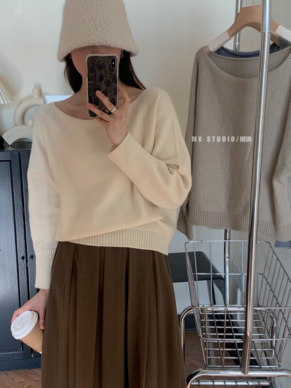 【CHEN/MK】Korean solid color pull-out collar loose warm sweater s079# HJY