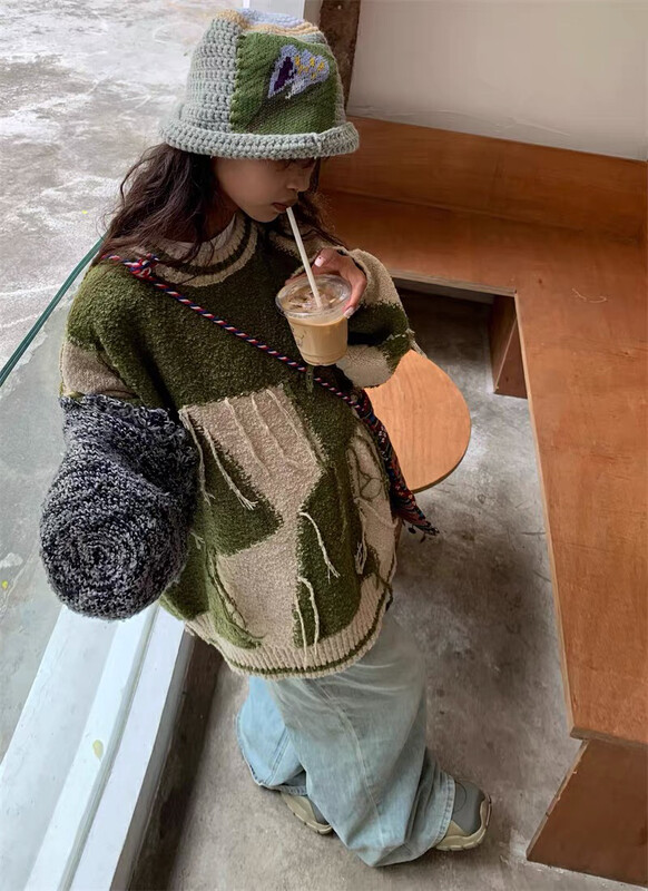 【LAB EEDA】American Retro Design Irregular Contrast Color Warm Sweater M339# OZQ