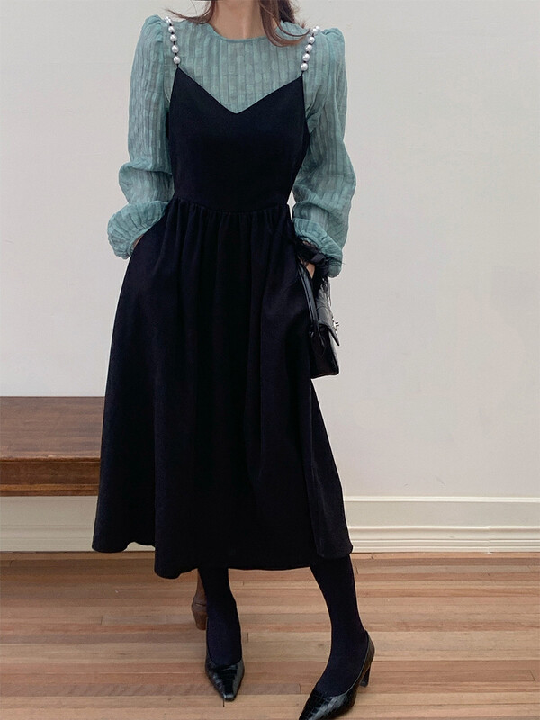 【NEW OPEN】Women's autumn and winter Korean style waist pleated pearl suspender velvet dress JB80617# ZXX