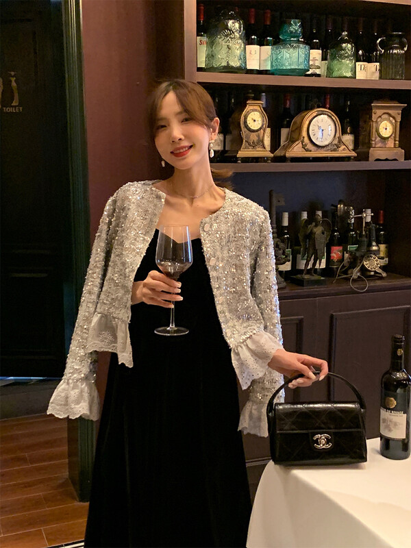 New in winter! [NEW OPEN] Celebrity-style temperament heavy industry lace stitching sequins short coat VY80503# ZXX