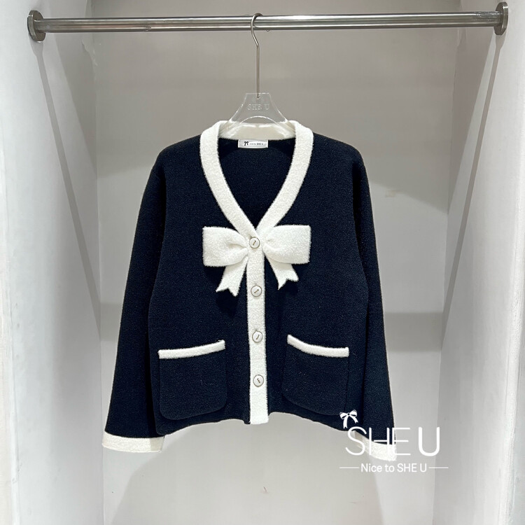 【SHE U】French contrast color bow thickened knitted cardigan 70060