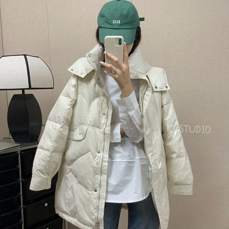 【I-D】Korean version all-match hooded mid-length warm down jacket (including 90% white duck down) R3097# L