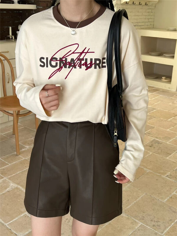 New in autumn! [RICH PAPA] Korean letter round neck contrast color edge long-sleeved T-shirt T435# ZXX