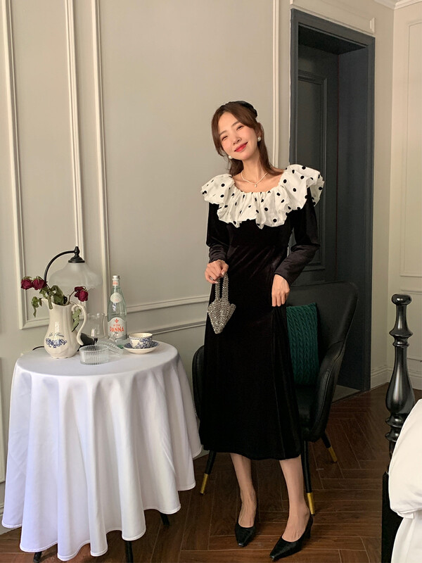 【NEW OPEN】Women's autumn and winter French style ruffled waist velvet dress JL80687# ZXX