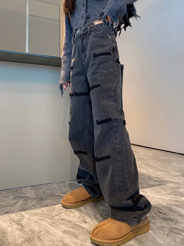 【NANCY】Retro letter embroidery design feeling versatile and slim straight-leg jeans D1034# WPL