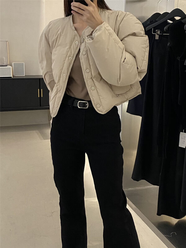 【CLEAN SPACE】Korean Style Short Warm Down Jacket with Textured Bread (90 White Duck Down) 33565# CQW