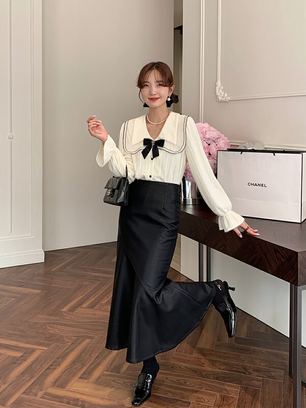 New in winter! [NEW OPEN] French high-waisted pu leather fishtail skirt JQ80618# ZXX