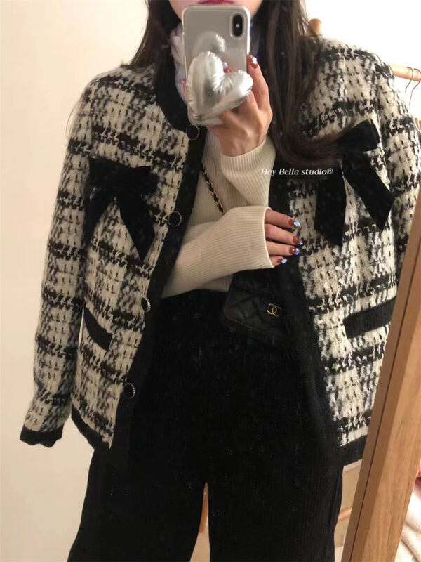 【HEY BELLA】Little Fragrant Bow Knot Plaid Breasted Short Jacket 5717# L