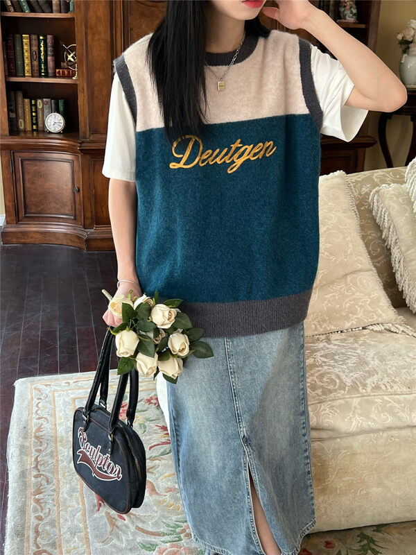 New in early autumn! [RICH PAPA] Retro colorblock design knitted vest 23S092# ZXX