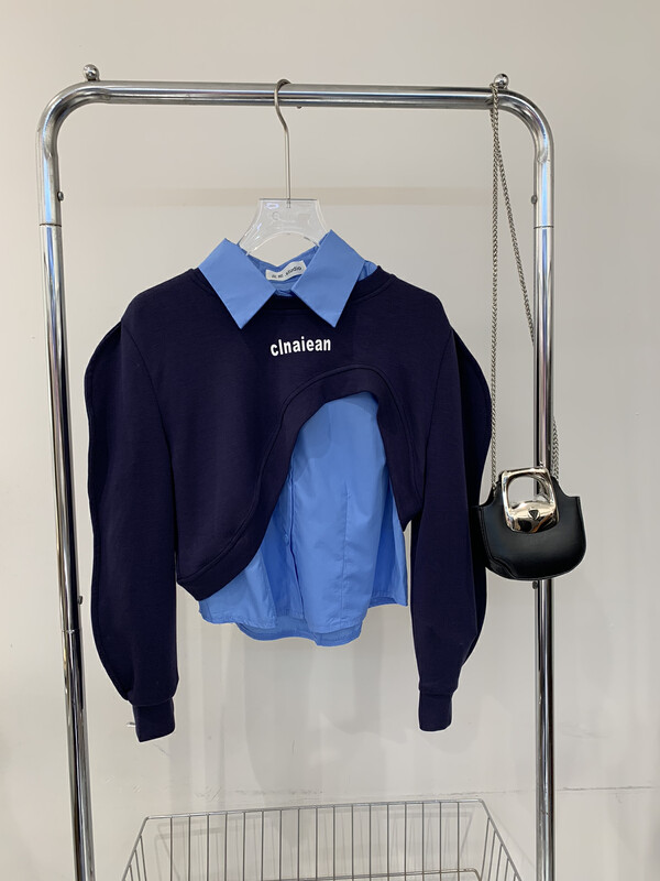 Autumn is new! [JUN.T] Solid color short shirt + irregular letter sweater two-piece suit 6788# PCZ