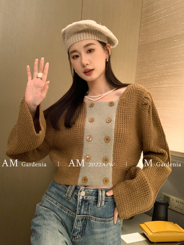 New in autumn!【AM GARDENIA】Contrast color round neck all-match knitted sweater 6271# ZXX