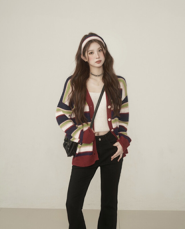 New in winter! [JUN.T] Korean striped knitted cardigan + short all-match vest set (only cardigan + vest) 6980# PCZ