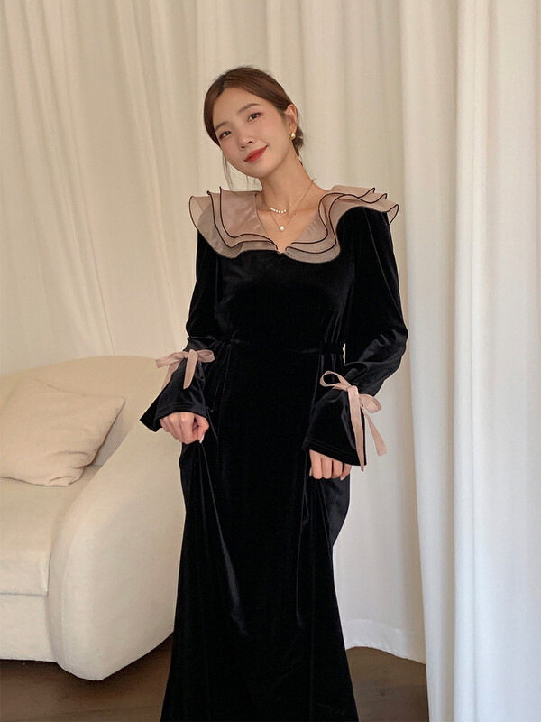 New for winter!  【NEW OPEN】French retro lotus leaf collar waist velvet dress GL80539# ZXX