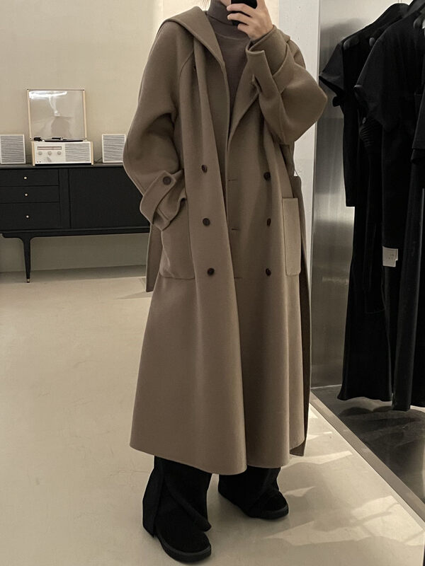 【CLEAN SPACE】Korean style loose double-breasted hooded wool coat (with belt) YS1-29078# CQW
