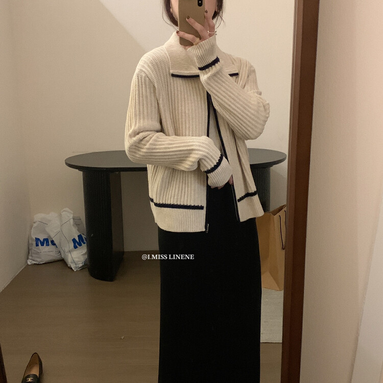 【IMISS】Korean Lapel Color Contrast Sweater Cardigan Sweater QK919