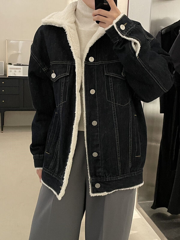 【CLEAN SPACE】Korean style stitched plush thickened loose quilted denim jacket 35302# CQW