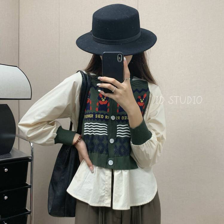 【I-D】Korean version all-match stitching fake two-piece shirt R1007# L