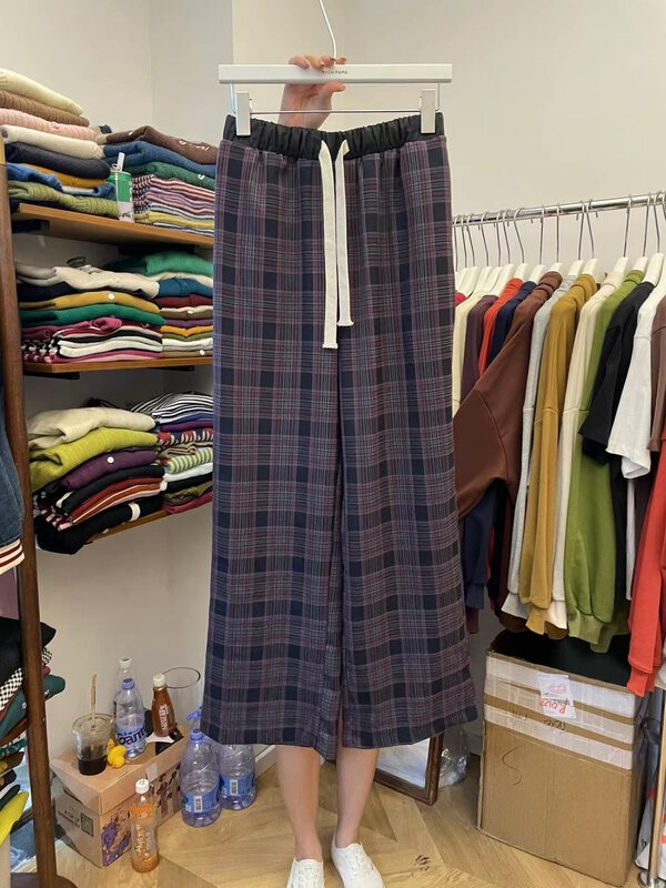 New in autumn! [RICH PAPA] Elastic waist plaid retro straight casual pants K079# ZXX