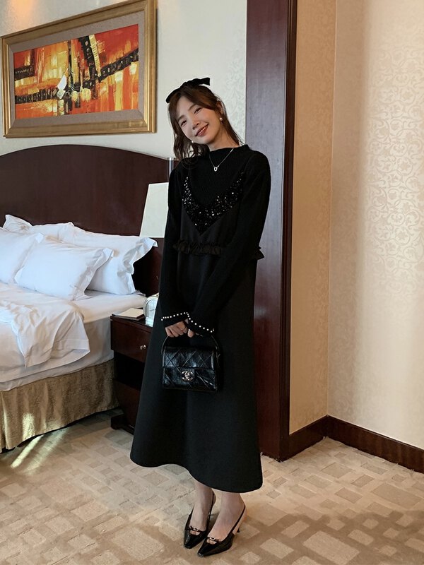 【NEW OPEN】French fashion sequin stitching suspender dress FB80521# ZXX