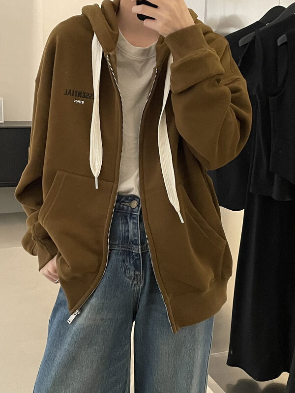 【CLEAN SPACE】Simple letter loose fleece hooded zipper sweater 33263# CQW