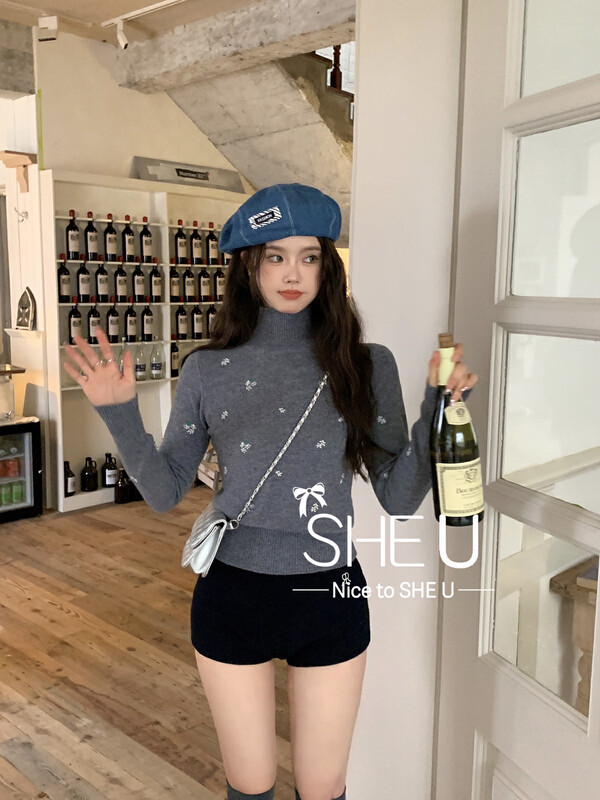 [SHE U] Versatile half turtleneck embroidered wool sweater knitted 51236