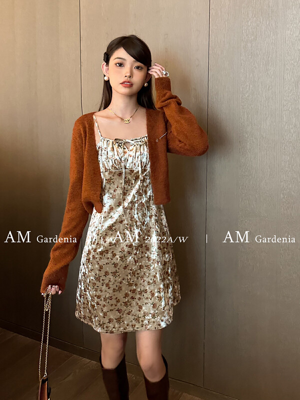 【AM GARDENIA】Sling Floral Velvet Dress + Elegant Knit Cardigan Set (with Brooch) 1306# ZXX