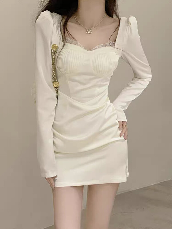 New in autumn! [JUN.T] Lace stitching high waist slim temperament dress 6938# PCZ