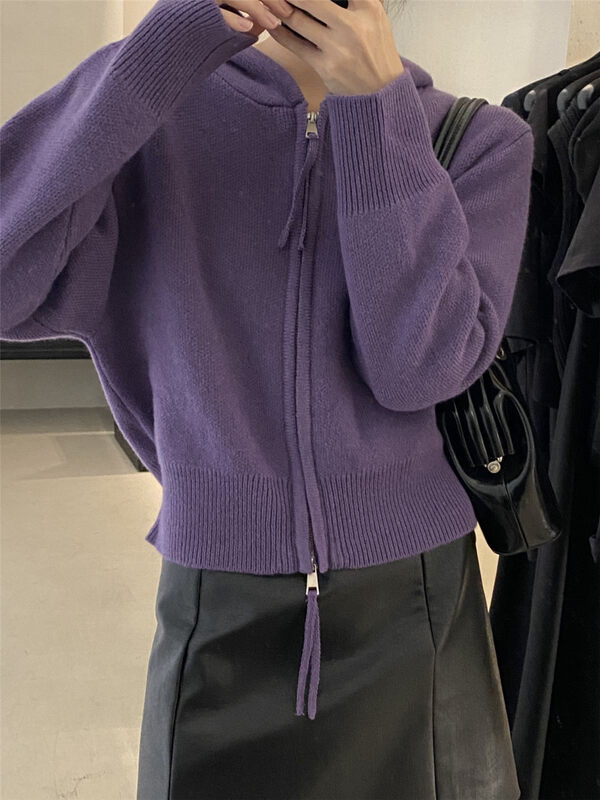[CLEAN SPACE] Solid color wild hooded zipper casual knitted cardigan 100 wool YS1-33373