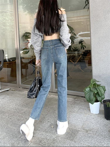 Real shot straight pants jeans women's spring and autumn new high-waisted thin and loose  autumn and winter smoke pipe pants