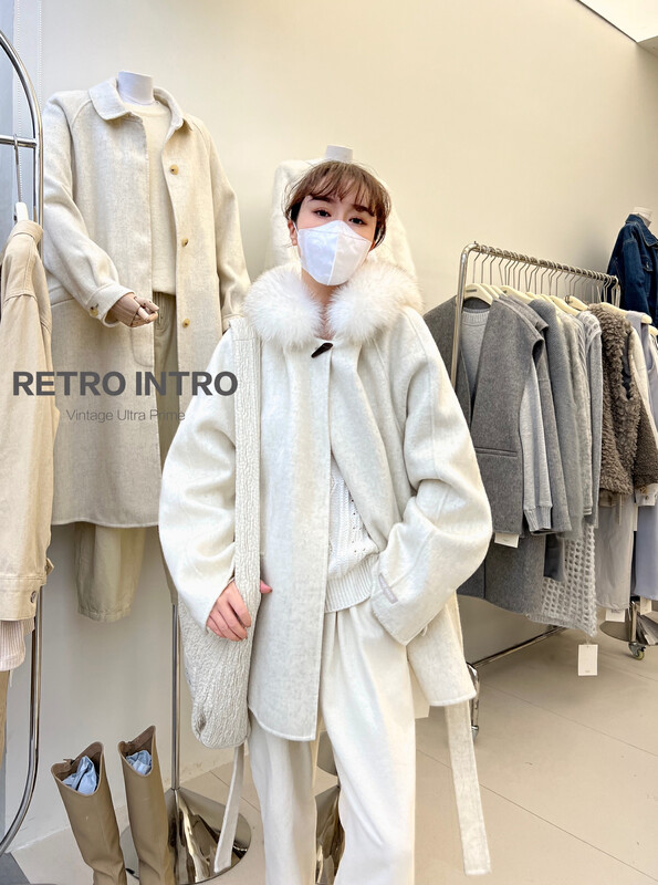 [RIN] Korean temperament, elegant, loose, waist and thin wool coat (with fur collar, fox fur, real fur, removable, waist rope) 2073