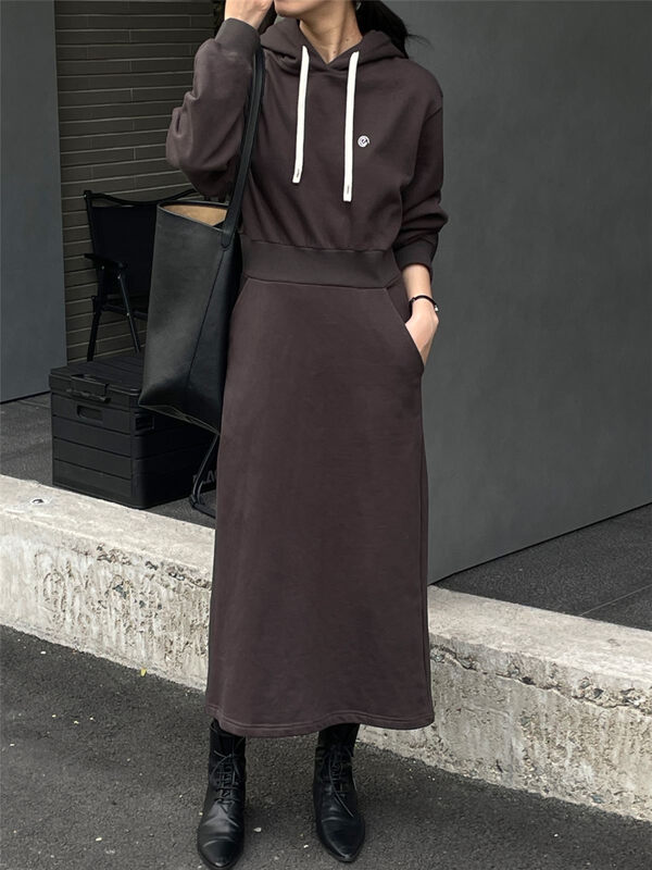 【CLEAN SPACE】Fashionable hooded mid-length waist and fleece dress 33827# CQW
