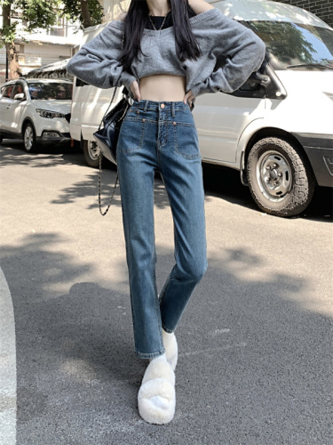 Real shot straight pants jeans women's spring and autumn new high-waisted thin and loose  autumn and winter smoke pipe pants