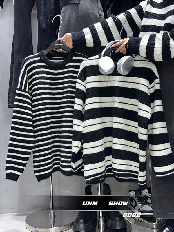 【UNM-SHOW】Loose Crew Neck Striped Thermal Sweater 6779# WTT