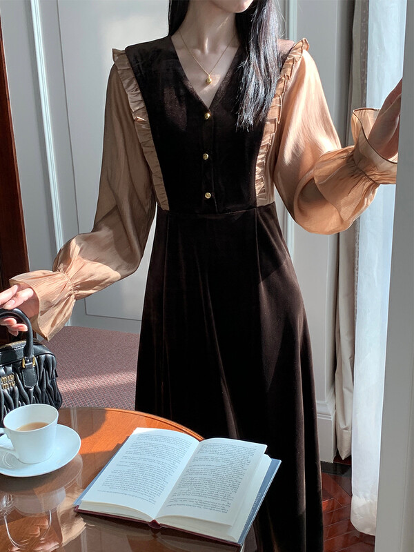 【NEW OPEN】Commuter v-neck fungus edge waist-contrast color dress JL80758# ZXX