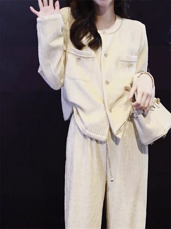 New for winter!  【JUN.T】Small Fragrance Single Breasted Knit Cardigan + Straight Wide Leg Casual Pants Set 6999# PCZ