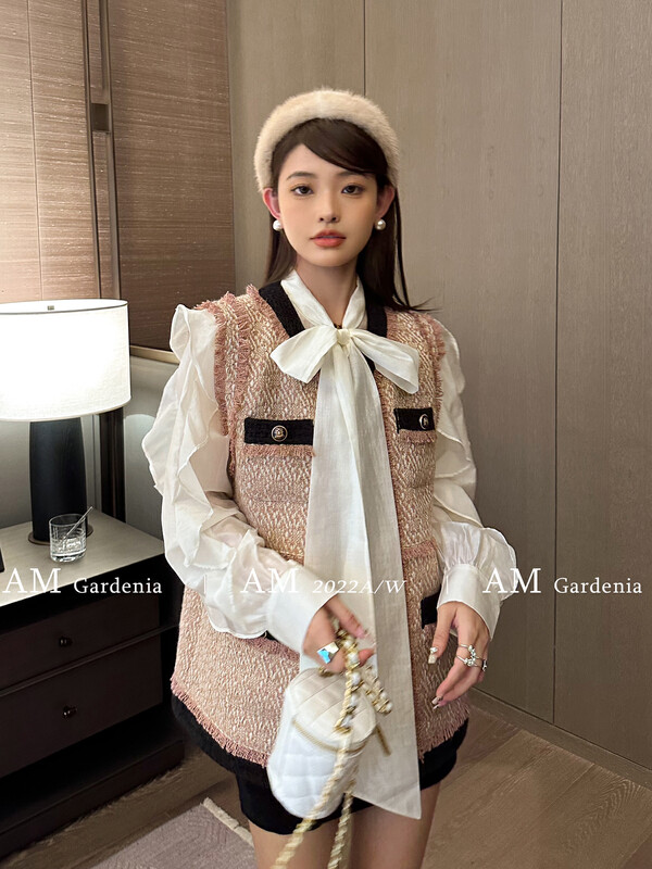 【AM GARDENIA】Xiaoxiangfeng Contrast Color Vest + Lotus Leaf Sleeves Can Be Tied With Bow Neck Chiffon Shirt Suit 1308-1# ZXX