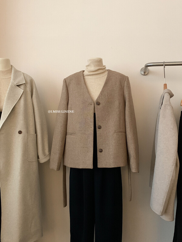[IMISS] French high-end v-neck woolen coat short coat (with waist rope) with 50 wool QK3617