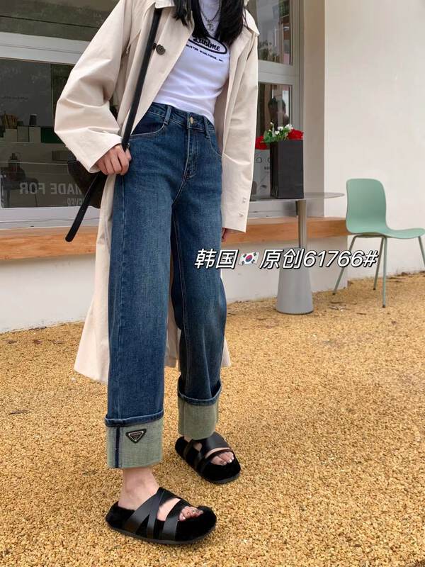 [Korean original] winter style plus velvet flip-up small label elastic straight pants jeans 61766
