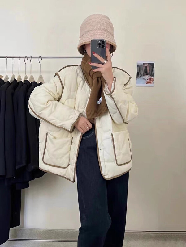 New in winter!【JUN.T】Fashion V-neck contrast color edge warm padded jacket 7006# PCZ