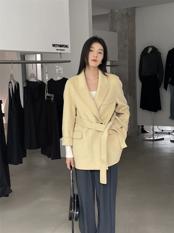 【CLEAN SPACE】Korean style double button loose 100% double-sided woolen coat (with belt) (100 wool) 35015# CQW