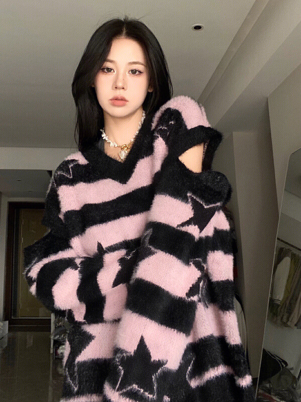 【NANCY】Designed Lazy V-Neck Star Knit Sweater (with Detachable Sleeves) M3725# WPL