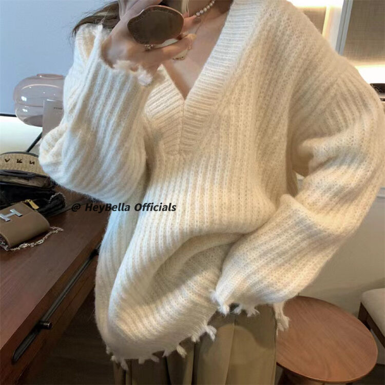 【HEY BELLA】Loose V-neck comfortable pullover warm sweater B9725# L