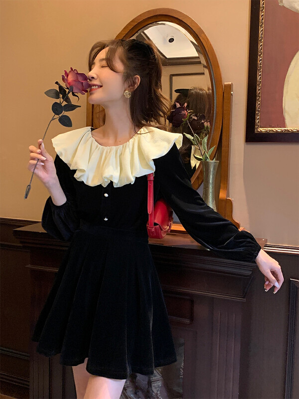 New in winter! [NEW OPEN] Commuter style fashionable Western style lotus leaf collar gold velvet shirt VY80513# ZXX