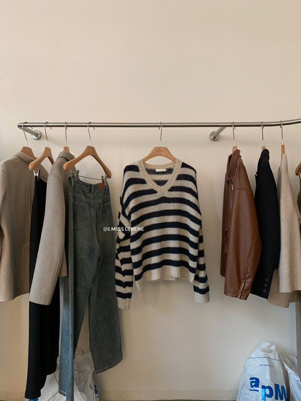 【IMISS】Casual Lazy V-Neck Mohair Striped Sweater Warm Sweater QK998# FHX