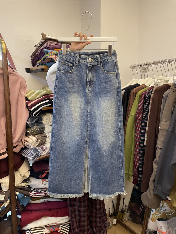 【RICH PAPA】Vintage slit raw edge mid-length denim skirt 23N025# ZXX